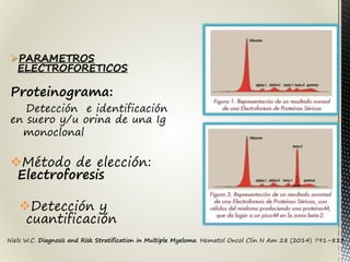Niels W.C. Diagnosis and Risk Stratification in Multiple Myeloma. Hematol Oncol Clin N Am 28 (2014) 791–813
PARAMETROS
ELECTROFORETICOS
Proteinograma:
Detección e identificación
en suero y/u orina de una Ig
monoclonal
Método de elección:
Electroforesis
Detección y
cuantificación
 