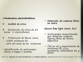 Niels W.C. Diagnosis and Risk Stratification in Multiple Myeloma. Hematol Oncol Clin N Am 28 (2014) 791–813
Parámetros electroforéticos:
 Análisis de orina
 Recolección de orina de 24
horas => electroforesis
 Proteinuria de Bence Jones
100% mielomas BJ
60% del resto de los mielomas
Identificación de anticuerpos
frente a kappa o lambda
 Detección de cadenas libres
en suero
Serum free light chain: FLC
 Anticuerpos monoclonales
que detectan cadenas
ligeras libres de forma
específica
 Útil en dx y seguimiento de
mielomas BJ y no
secretores, amiloidosis AL y
GMSI
 