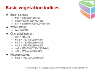 Basic vegetation indices
● Green biomass
○ NDVI = (NIR-Red)/(NIR+Red)
○ GNDVI = (780-550)/(780+550)
○ SAVI = 1.5 (800-670)/(800+670+0.5)
● Water status
○ WI = 900/970
● Chlorophyll content
○ Chl I = 740/720
○ NDI 1 = (750-705)/(750+705)
○ NDI 2 = (780-710)/(780-680)
○ NDI 3 = (850-710)/(850-680)
○ mND = (750-705)/(750+705-2x445)
○ mSR = (750-445)/(705-445)
● Nitrogen status:
○ NDRE = (790-720)/(790+720)
Source: Rodriguez et al. (2006). Australian Journal of Agricultural Research, 57:781-789.
 