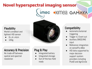Novel hyperspectral imaging sensor
Flexibility
World's smallest and
lightest HSI sensor
● 6 x 4 x 4cm
● 150g
Accuracy & Precision
No trade-off between
spatial and spectral
resolution
Plug & Play
● Integrated battery
● Integrated storage
● Out-of-the-box field
ready
Compatibility
● Automatic/external
triggering
● Trigger in, Event out
● Auxiliary GNSS/INS
input
● Reference integration
on senseFly eBee
● HSI data supported by
major decision
support system
providers including
Pix4D and AgriCircle
 