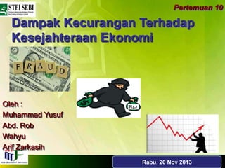 Pertemuan 10

Dampak Kecurangan Terhadap
Kesejahteraan Ekonomi

Oleh :
Muhammad Yusuf
Abd. Rob
Wahyu
Arif Zarkasih
Rabu, 20 Nov 2013

 
