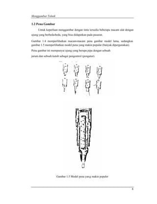Menggambar Teknik 
8 
1.2 Pena Gambar 
Untuk keperluan menggambar dengan tinta tersedia beberapa macam alat dengan 
ujung yang berbeda-beda, yang bisa didapatkan pada pasaran. 
Gambar 1.4 memperlihatkan macam-macam pena gambar model lama, sedangkan 
gambar 1.5 memperlihatkan model pena yang makin popular (banyak dipergunakan). 
Pena gambar ini mempunyai ujung yang berupa pipa dengan sebuah 
jarum dan sebuah katub sebagai pengontrol (pengatur). 
Gambar 1.4 
Gambar 1.5 Model pena yang makin populer 
 