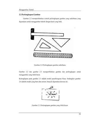 Menggambar Teknik 
26 
2.2 Perlengkapan Gambar 
Gambar 2.2 memperlihatkan contoh perlengkapan gambar yang sederhana yang 
digunakan untuk menggambar teknik dengan hasil yang baik. 
Gambar 2.2 Perlengkapan gambar sederhana 
Gambar 2.2 dan gambar 2.3 memperlihatkan gambar dan perlengkapan untuk 
menggambar yang lebih besar. 
Kelengkapan pada gambar 2.3 adalah model parallelogram biasa. Sedangkan gambar 
2.4 adalah model yang baru dan umum, banyak digunakan dewasa ini. 
Gambar 2.3 Perlengkapan gambar yang lebih besar 
 