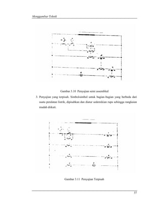 Menggambar Teknik 
37 
Gambar 3.10 Penyajian semi assembled 
3. Penyajian yang terpisah. Simbol-simbol untuk bagian-bagian yang berbeda dari 
suatu peralatan listrik, dipisahkan dan diatur sedemikian rupa sehingga rangkaian 
mudah diikuti. 
Gambar 3.11 Penyajian Terpisah 
 