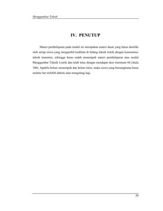 Menggambar Teknik 
50 
IV. PENUTUP 
Materi pembelajaran pada modul ini merupakan materi dasar yang harus dimiliki 
oleh setiap siswa yang mengambil keahlian di bidang teknik listrik dengan konsentrasi 
teknik transmisi, sehingga harus sudah menempuh materi pembelajaran atau modul 
Menggambar Teknik Listrik dan telah lulus dengan mendapat skor minimum 60 (skala 
100). Apabila belum menempuh dan belum lulus, maka siswa yang bersangkutan harus 
melalui her terlebih dahulu atau mengulang lagi. 
 
