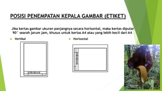 POSISI PENEMPATAN KEPALA GAMBAR (ETIKET)
Jika kertas gambar ukuran panjangnya secara horisontal, maka kertas diputar
90° searah jarum jam, khusus untuk kertas A4 atau yang lebih kecil dari A4.
 Vertikal  Horisontal
 
