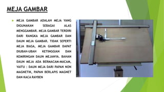 MEJA GAMBAR
 MEJA GAMBAR ADALAH MEJA YANG
DIGUNAKAN SEBAGAI ALAS
MENGGAMBAR. MEJA GAMBAR TERDIRI
DARI RANGKA MEJA GAMBAR DAN
DAUN MEJA GAMBAR. TIDAK SEPERTI
MEJA BIASA, MEJA GAMBAR DAPAT
DIUBAH-UBAH KETINGGIAN DAN
KEMIRINGAN DAUN MEJANYA. BAHAN
DAUN MEJA ADA BERMACAM-MACAM,
YAITU : DAUN MEJA DARI PAPAN NON
MAGNETIK, PAPAN BERLAPIS MAGNET
DAN KACA RAYBEN
 