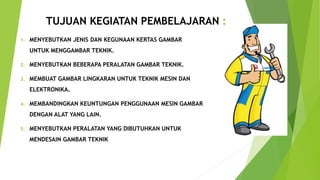TUJUAN KEGIATAN PEMBELAJARAN :
1. MENYEBUTKAN JENIS DAN KEGUNAAN KERTAS GAMBAR
UNTUK MENGGAMBAR TEKNIK.
2. MENYEBUTKAN BEBERAPA PERALATAN GAMBAR TEKNIK.
3. MEMBUAT GAMBAR LINGKARAN UNTUK TEKNIK MESIN DAN
ELEKTRONIKA.
4. MEMBANDINGKAN KEUNTUNGAN PENGGUNAAN MESIN GAMBAR
DENGAN ALAT YANG LAIN.
5. MENYEBUTKAN PERALATAN YANG DIBUTUHKAN UNTUK
MENDESAIN GAMBAR TEKNIK
 