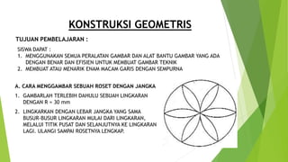 TUJUAN PEMBELAJARAN :
SISWA DAPAT :
1. MENGGUNAKAN SEMUA PERALATAN GAMBAR DAN ALAT BANTU GAMBAR YANG ADA
DENGAN BENAR DAN EFISIEN UNTUK MEMBUAT GAMBAR TEKNIK
2. MEMBUAT ATAU MENARIK ENAM MACAM GARIS DENGAN SEMPURNA
KONSTRUKSI GEOMETRIS
A. CARA MENGGAMBAR SEBUAH ROSET DENGAN JANGKA
1. GAMBARLAH TERLEBIH DAHULU SEBUAH LINGKARAN
DENGAN R = 30 mm
2. LINGKARKAN DENGAN LEBAR JANGKA YANG SAMA
BUSUR-BUSUR LINGKARAN MULAI DARI LINGKARAN,
MELALUI TITIK PUSAT DAN SELANJUTNYA KE LINGKARAN
LAGI. ULANGI SAMPAI ROSETNYA LENGKAP.
 