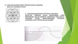 B. CARA MENGGAMBAR ROSET DENGAN BUSUR LINGKARAN.
BUATLAH LINGKARAN PENUH
C. CARA MENGGABUNGKAN SETENGAH LINGKARAN
KESULITAN TERBESAR DALAM MENGGAMBAR GARIS
BERSAMBUNG ADALAH MEMBUAT SAMBUNGAN YANG MULUS.
USAHAKAN UNTUK MENGGABUNGKAN SETENGAH
LINGKARAN YANG TERTERA DALAM GAMBAR
 