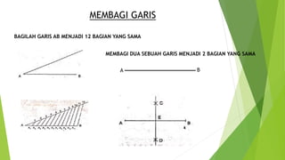 MEMBAGI GARIS
BAGILAH GARIS AB MENJADI 12 BAGIAN YANG SAMA
MEMBAGI DUA SEBUAH GARIS MENJADI 2 BAGIAN YANG SAMA
A B
 