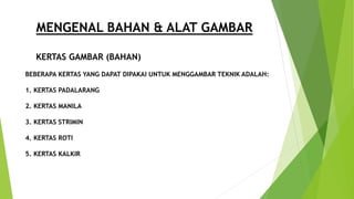 MENGENAL BAHAN & ALAT GAMBAR
KERTAS GAMBAR (BAHAN)
BEBERAPA KERTAS YANG DAPAT DIPAKAI UNTUK MENGGAMBAR TEKNIK ADALAH:
1. KERTAS PADALARANG
2. KERTAS MANILA
3. KERTAS STRIMIN
4. KERTAS ROTI
5. KERTAS KALKIR
 