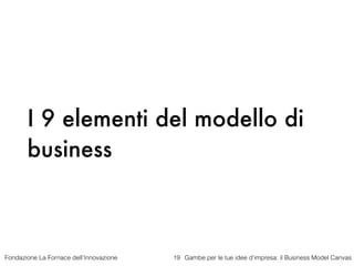 Fondazione La Fornace dell’Innovazione Gambe per le tue idee d’impresa: il Business Model Canvas19
I 9 elementi del modell...