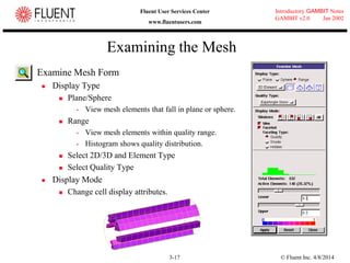 © Fluent Inc. 4/8/20143-17
Introductory GAMBIT Notes
GAMBIT v2.0 Jan 2002
Fluent User Services Center
www.fluentusers.com
Examining the Mesh
Examine Mesh Form
 Display Type
 Plane/Sphere
 View mesh elements that fall in plane or sphere.
 Range
 View mesh elements within quality range.
 Histogram shows quality distribution.
 Select 2D/3D and Element Type
 Select Quality Type
 Display Mode
 Change cell display attributes.
 