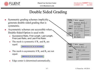 © Fluent Inc. 4/8/20143-7
Introductory GAMBIT Notes
GAMBIT v2.0 Jan 2002
Fluent User Services Center
www.fluentusers.com
Double Sided Grading
 Symmetric grading schemes implicitly
generate double sided grading that is
symmetric.
 Asymmetric schemes are accessible when
Double-Sided Option is used with:
 Successive Ratio, First Length, Last Length,
First-Last Ratio, and Last-First Ratio
 The mesh is symmetric if R1 and R2 are
equal.
 The mesh is asymmetric if R1 and R2 are not
equal.
 Edge center is determined automatically.
 