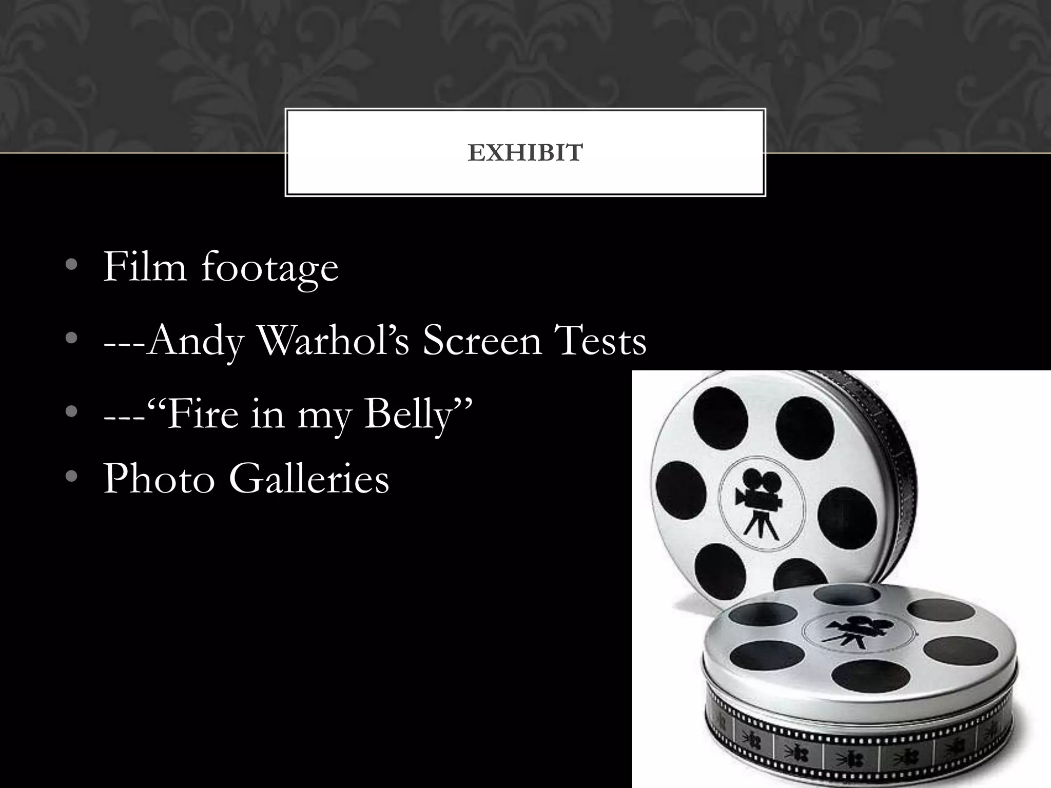 EXHIBIT
• Film footage
• ---Andy Warhol’s Screen Tests
• ---“Fire in my Belly”
• Photo Galleries