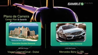 Executive Double Diamond Executive Triple Diamond
800.000 Pontos. 2.500.000 Pontos.
Viagem Internacional - Dubai Mercedes Benz C-180
Atlantis the Palm - Dubai
Plano de Carreira
Career Plan & Awards
 