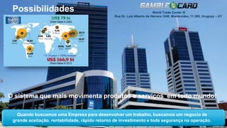 Possibilidades
O sistema que mais movimenta produtos e serviços em todo mundo!
Quando buscamos uma Empresa para desenvolver um trabalho, buscamos um negocio de
grande aceitação, rentabilidade, rápido retorno de investimento e toda segurança na operação.
World Trade Center lll
Rua Dr. Luiz Alberto de Herrera 1248, Montevideo, 11.300, Uruguay – UY
 