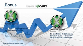 Divisão Lucros
9 - *1% - 5 Executives Double
Diamond equipe direta
10 - *+1% - 10 Executives Double
Diamond equipe direta
Bônus do milhão
11 - Um Milhão de Dólares em
Barras de Ouro - 5 Executives
Black Diamond equipe direta
Divissããoo LLuuccrros
Bônuss ddoo mmiillhão
*Divido entre todos que atingirem a meta.
Bonus
 