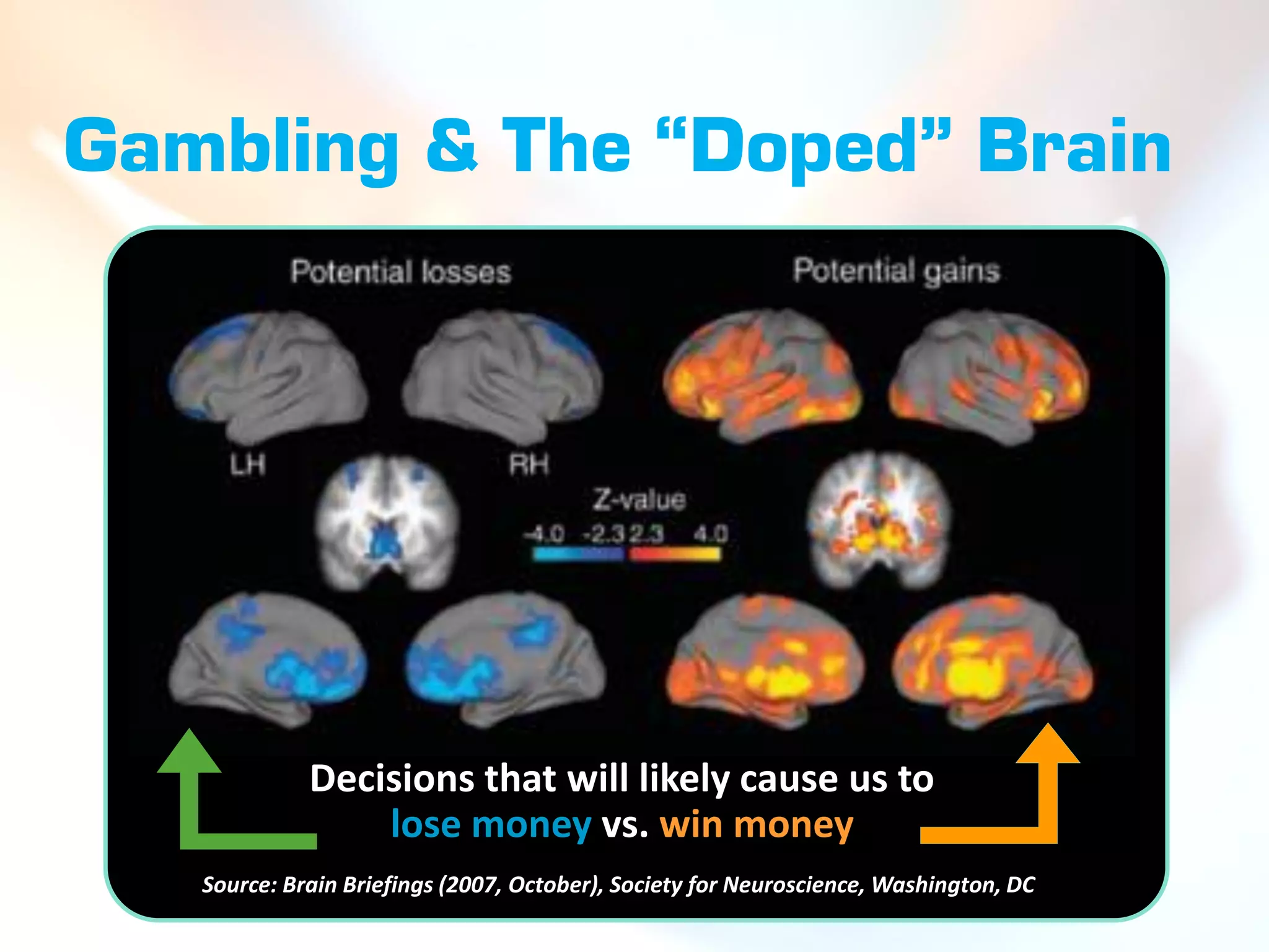 Gambling & The “Doped” Brain




             Decisions that will likely cause us to
                 lose money vs. win money
   Source: Brain Briefings (2007, October), Society for Neuroscience, Washington, DC
 