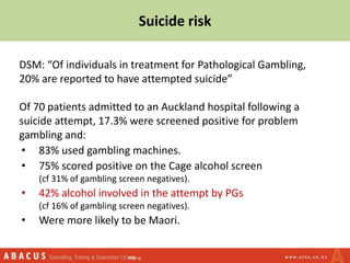 Suicide risk
DSM: “Of individuals in treatment for Pathological Gambling,
20% are reported to have attempted suicide”
Of 70 patients admitted to an Auckland hospital following a
suicide attempt, 17.3% were screened positive for problem
gambling and:
• 83% used gambling machines.
• 75% scored positive on the Cage alcohol screen
(cf 31% of gambling screen negatives).
• 42% alcohol involved in the attempt by PGs
(cf 16% of gambling screen negatives).
• Were more likely to be Maori.
 