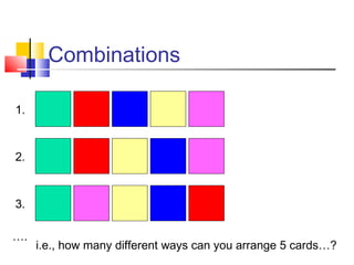 Combinations
 
i.e., how many different ways can you arrange 5 cards…?
1.
2.
3.
….
 