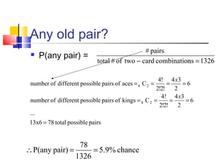 Any old pair?
 P(any pair) =
1326nscombinatiocardtwoof#total
pairs#
=−
chance5.9%
1326
78
pair)P(any ==∴
pairspossibletotal7813x6
...
6
2
34
!2!2
4!
Ckingsofpairspossibledifferentofnumber
6
2
34
!2!2
4!
Cacesofpairspossibledifferentofnumber
24
24
=
====
====
x
x
 