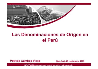 Las Denominaciones de Origen enLas Denominaciones de Origen en
el Perú
Patricia Gamboa Vilela San José, 29 setiembre 2009
 