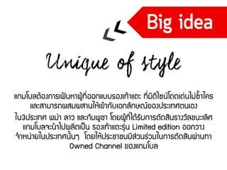 แกมโบลต้องการเฟ้นหาผู้ที่ออกแบบรองเท้าแตะ ที่มีดีไซน์โดดเด่นไม่ซ้าใคร
และสามารถผสมผสานให้เข้ากับเอกลักษณ์ของประเทศตนเอง
ใน3ประเทศ พม่า ลาว และกัมพูชา โดยผู้ที่ได้รับการตัดสินรางวัลชนะเลิศ
แกมโบลจะนาไปผลิตเป็น รองเท้าแตะรุ่น Limited edition ออกวาง
จาหน่ายในประเทศนั้นๆ โดยให้ประชาชนมีส่วนร่วมในการตัดสินผ่านทา
Owned Channel ของแกมโบล
 