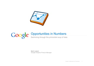 Opportunities in Numbers
Swimming through the primordial soup of data




Beth Liebert
Google Analytics Product Manager




                                         Google Confidential and Proprietary   1
 