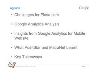 Agenda

•  Challenges for Plasa.com

•  Google Analytics Analysis

•  Insights from Google Analytics for Mobile
   Website...