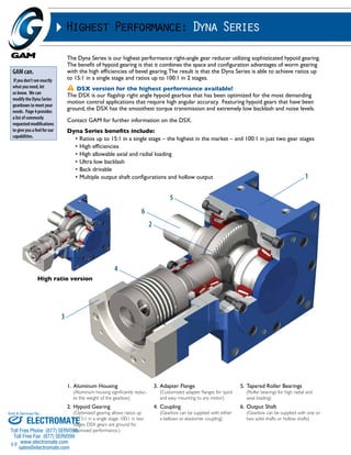 Sold & Serviced By: 
49 
Highest Performance: Dyna Series 
The Dyna Series is our highest performance right-angle gear reducer utilizing sophisticated hypoid gearing. 
The benefit of hypoid gearing is that it combines the space and configuration advantages of worm gearing 
with the high efficiencies of bevel gearing. The result is that the Dyna Series is able to achieve ratios up 
to 15:1 in a single stage and ratios up to 100:1 in 2 stages. 
DSX version for the highest performance available! 
The DSX is our flagship right angle hypoid gearbox that has been optimized for the most demanding 
motion control applications that require high angular accuracy. Featuring hypoid gears that have been 
ground, the DSX has the smoothest torque transmission and extremely low backlash and noise levels. 
Contact GAM for further information on the DSX. 
Dyna Series benefits include: 
• Ratios up to 15:1 in a single stage – the highest in the market – and 100:1 in just two gear stages 
• High efficiencies 
• High allowable axial and radial loading 
• Ultra low backlash 
• Back drivable 
• Multiple output shaft configurations and hollow output 
High ratio version 
1. Aluminum Housing 
(Aluminum housing significantly reduc-es 
the weight of the gearbox) 
2. Hypoid Gearing 
(Optimized gearing allows ratios up 
to 15:1 in a single stage; 100:1 in two 
stages. DSX gears are ground for 
improved performance.) 
3. Adapter Flange 
(Customized adapter flanges for quick 
and easy mounting to any motor) 
4. Coupling 
(Gearbox can be supplied with either 
a bellows or elastomer coupling) 
5. Tapered Roller Bearings 
1 
(Roller bearings for high radial and 
axial loading) 
6. Output Shaft 
(Gearbox can be supplied with one or 
two solid shafts or hollow shafts) 
5 
6 
2 
4 
3 
GAM can. 
If you don’t see exactly 
what you need, let 
us know. We can 
modify the Dyna Series 
gearboxes to meet your 
needs. Page 4 provides 
a list of commonly 
requested modifications 
to give you a feel for our 
capabilities. 
ELECTROMATE 
Toll Free Phone (877) SERVO98 
Toll Free Fax (877) SERV099 
www.electromate.com 
sales@electromate.com 
 