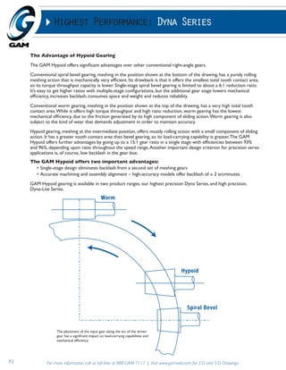 Highest Performance: Dyna Series 
The Advantage of Hypoid Gearing 
The GAM Hypoid offers significant advantages over other conventional right-angle gears. 
Conventional spiral bevel gearing, meshing in the position shown at the bottom of the drawing, has a purely rolling 
meshing action that is mechanically very efficient. Its drawback is that it offers the smallest total tooth contact area, 
so its torque throughput capacity is lower. Single-stage spiral bevel gearing is limited to about a 6:1 reduction ratio. 
It’s easy to get higher ratios with multiple-stage configurations, but the additional gear stage lowers mechanical 
efficiency, increases backlash, consumes space and weight and reduces reliability. 
Conventional worm gearing, meshing in the position shown at the top of the drawing, has a very high total tooth 
contact area. While it offers high torque throughput and high ratio reduction, worm gearing has the lowest 
mechanical efficiency, due to the friction generated by its high component of sliding action. Worm gearing is also 
subject to the kind of wear that demands adjustment in order to maintain accuracy. 
Hypoid gearing, meshing at the intermediate position, offers mostly rolling action with a small component of sliding 
action. It has a greater tooth contact area than bevel gearing, so its load-carrying capability is greater. The GAM 
Hypoid offers further advantages by going up to a 15:1 gear ratio in a single stage with efficiencies between 93% 
and 96%, depending upon ratio throughout the speed range. Another important design criterion for precision servo 
applications is, of course, low backlash in the gear box. 
The GAM Hypoid offers two important advantages: 
• Single-stage design eliminates backlash from a second set of meshing gears 
• Accurate machining and assembly alignment – high-accuracy models offer backlash of ≤ 2 arcminutes. 
GAM Hypoid gearing is available in two product ranges, our highest precision Dyna Series, and high precision, 
Dyna-Lite Series. 
The placement of the input gear along the arc of the driven 
gear has a significant impact on load-carrying capabilities and 
mechanical efficiency 
51 For more information, call us toll-free at 888-GAM-7117 | Visit www.gamweb.com for 2-D and 3-D Drawings 
 