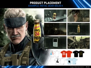 PRODUCT PLACEMENT
EXAMPLE: METAL GEAR SOLID 4




                              Images: Metal Gear Solid 4   48 | 57
 