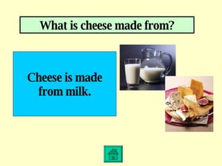 What is cheese made from? Cheese is made from milk. 