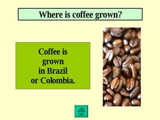 Where is coffee grown? Coffee is grown in Brazil or Colombia. 