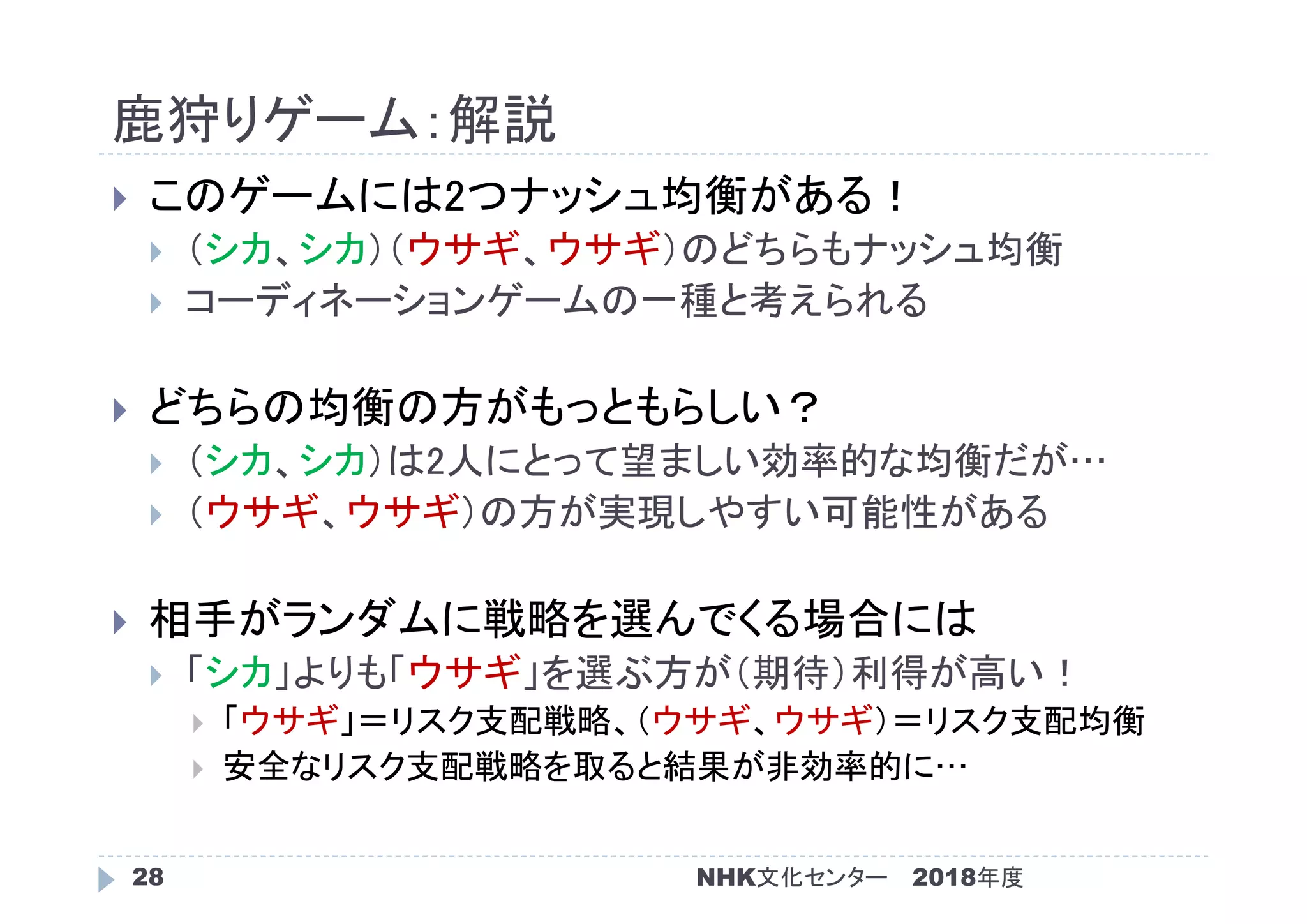 鹿狩りゲーム：解説
2018年度NHK文化センター28
 このゲームには2つナッシュ均衡がある！
 （シカ、シカ）（ウサギ、ウサギ）のどちらもナッシュ均衡
 コーディネーションゲームの一種と考えられる
 どちらの均衡の方がもっともらしい？
 （シカ、シカ）は2人にとって望ましい効率的な均衡だが…
 （ウサギ、ウサギ）の方が実現しやすい可能性がある
 相手がランダムに戦略を選んでくる場合には
 「シカ」よりも「ウサギ」を選ぶ方が（期待）利得が高い！
 「ウサギ」＝リスク支配戦略、（ウサギ、ウサギ）＝リスク支配均衡
 安全なリスク支配戦略を取ると結果が非効率的に…
 