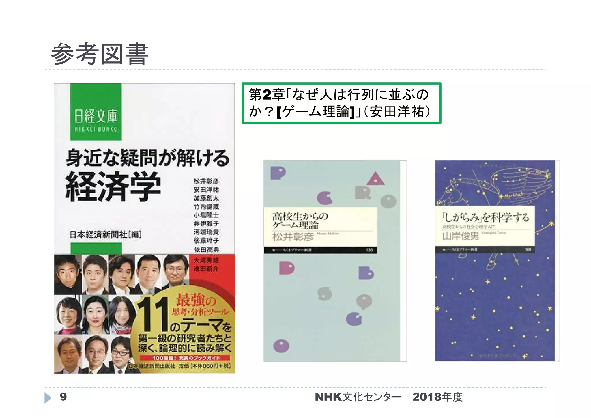 参考図書
2018年度NHK文化センター9
第2章「なぜ人は行列に並ぶの
か？[ゲーム理論]」（安田洋祐）
 