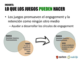 INSIGHTS:

LO QUE LOS JUEGOS PUEDEN HACER
• Los juegos promueven el engagement y la
  retención como ningún otro medio
     – Ayudar a desarrollar los círculos de engagement


 MARCA                                  MARCA
 Identidad, Esencia y                   Identidad, Esencia y
 Posicionamiento                        Posicionamiento

                           REDES                REDES
                         Lo que se              Lo que se habla de
                        habla de la             la marca en redes
                         marca en               sociales
                             redes
                          sociales
 