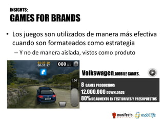INSIGHTS:

 GAMES FOR BRANDS
• Los juegos son utilizados de manera más efectiva
  cuando son formateados como estrategia
   – Y no de manera aislada, vistos como produto


                            Volkswagen, MOBILE GAMES.
                           8 GAMES PRODUCIDOS
                           12.000.000 DOWNLOADS
                           80% DE AUMENTO EN TEST DRIVES Y PRESUPUESTOS
 