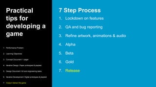 Practical
tips for
developing a
game
1. Lockdown on features
2. QA and bug reporting
3. Refine artwork, animations & audio
4. Alpha
5. Beta
6. Gold
7. Release
7 Step Process
1. Performance Problem
2. Learning Objectives
3. Concept Document: 1 pager
4. Iterative Design: Paper prototypes & playtest
5. Design Document: Art and engineering tasks
6. Iterative Development: Digital prototypes & playtest
7. Output: Deliver the game
 
