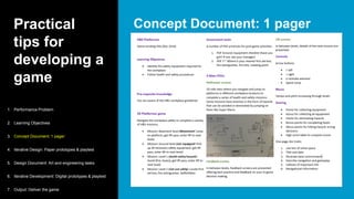 Practical
tips for
developing a
game
Concept Document: 1 pager
1. Performance Problem
2. Learning Objectives
3. Concept Document: 1 pager
4. Iterative Design: Paper prototypes & playtest
5. Design Document: Art and engineering tasks
6. Iterative Development: Digital prototypes & playtest
7. Output: Deliver the game
 