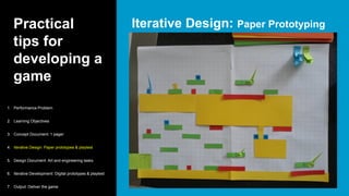 Practical
tips for
developing a
game
Iterative Design: Paper Prototyping
1. Performance Problem
2. Learning Objectives
3. Concept Document: 1 pager
4. Iterative Design: Paper prototypes & playtest
5. Design Document: Art and engineering tasks
6. Iterative Development: Digital prototypes & playtest
7. Output: Deliver the game
 