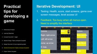 Practical
tips for
developing a
game
1. Testing: Health, score, start screens, game over
screen messages, level access UI
2. Feedback: Too busy when all menus open.
Need to simplify the interface
Iterative Development: UI
1. Performance Problem
2. Learning Objectives
3. Concept Document: 1 pager
4. Iterative Design: Paper prototypes & playtest
5. Design Document: Art and engineering tasks
6. Iterative Development: Digital prototypes & playtest
7. Output: Deliver the game
 