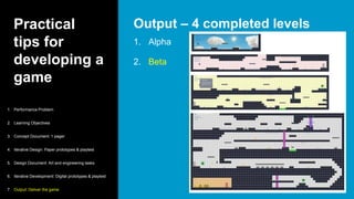 Practical
tips for
developing a
game
1. Alpha
2. Beta
Output – 4 completed levels
1. Performance Problem
2. Learning Objectives
3. Concept Document: 1 pager
4. Iterative Design: Paper prototypes & playtest
5. Design Document: Art and engineering tasks
6. Iterative Development: Digital prototypes & playtest
7. Output: Deliver the game
 