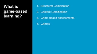 What is
game-based
learning?
1. Structural Gamification
2. Content Gamification
3. Game-based assessments
4. Games
 