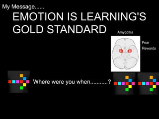 My Message......

   EMOTION IS LEARNING'S
   GOLD STANDARD                             Amygdala

                                                        Fear
                                                        Rewards




           Where were you when...........?
 