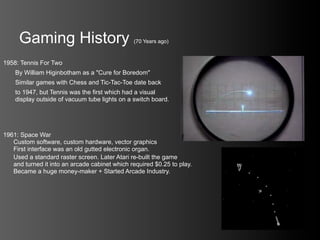 Gaming History                            (70 Years ago)



1958: Tennis For Two
    By William Higinbotham as a "Cure for Boredom"
    Similar games with Chess and Tic-Tac-Toe date back
    to 1947, but Tennis was the first which had a visual
    display outside of vacuum tube lights on a switch board.




1961: Space War
   Custom software, custom hardware, vector graphics
   First interface was an old gutted electronic organ.
   Used a standard raster screen. Later Atari re-built the game
   and turned it into an arcade cabinet which required $0.25 to play.
   Became a huge money-maker + Started Arcade Industry.
 
