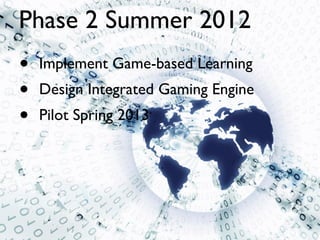 Phase 2 Summer 2012
•   Implement Game-based Learning
•   Design Integrated Gaming Engine
•   Pilot Spring 2013
 