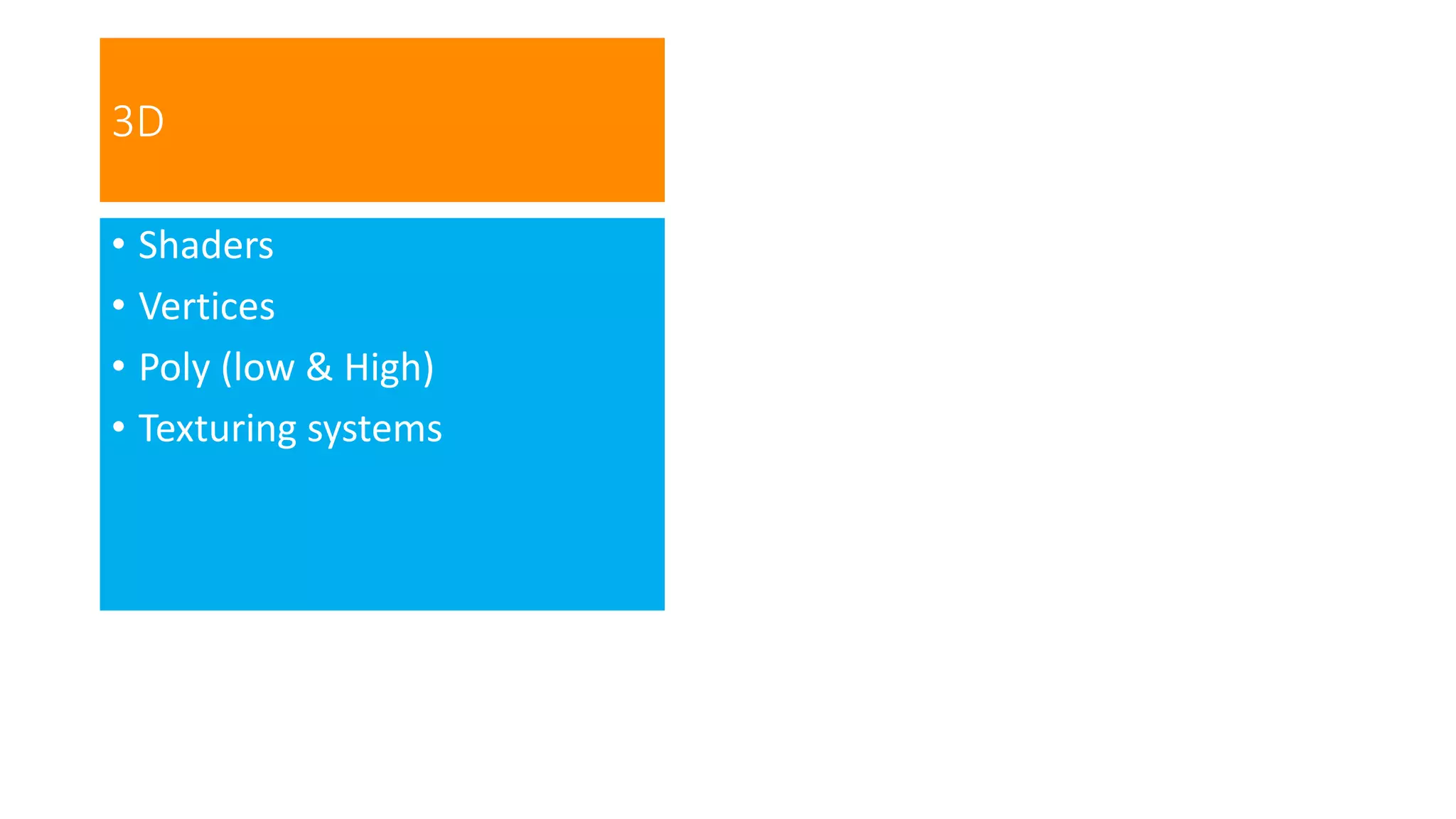 3D
• Shaders
• Vertices
• Poly (low & High)
• Texturing systems
 